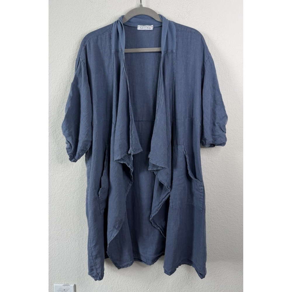 Made in Italy 100% Linen Waterfall Cardigan Jacket Blue One Size Lagenlook Beach